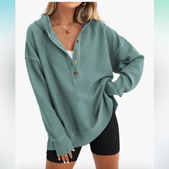 None Tops - Women's Teal Button-Up Ribbed Hoodie sz M